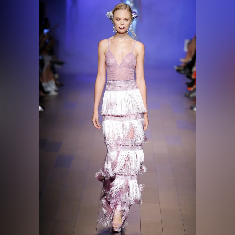 NAEEM KHAN RUNWAY FRINGE DRESS XS